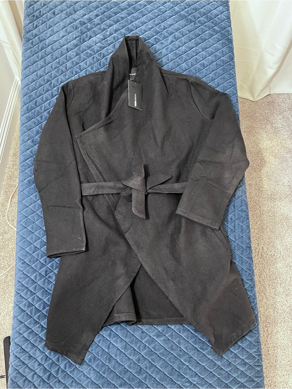 Fashion Nova Black Wrap Trench with Self-Tie Belt - Manhattan Coat